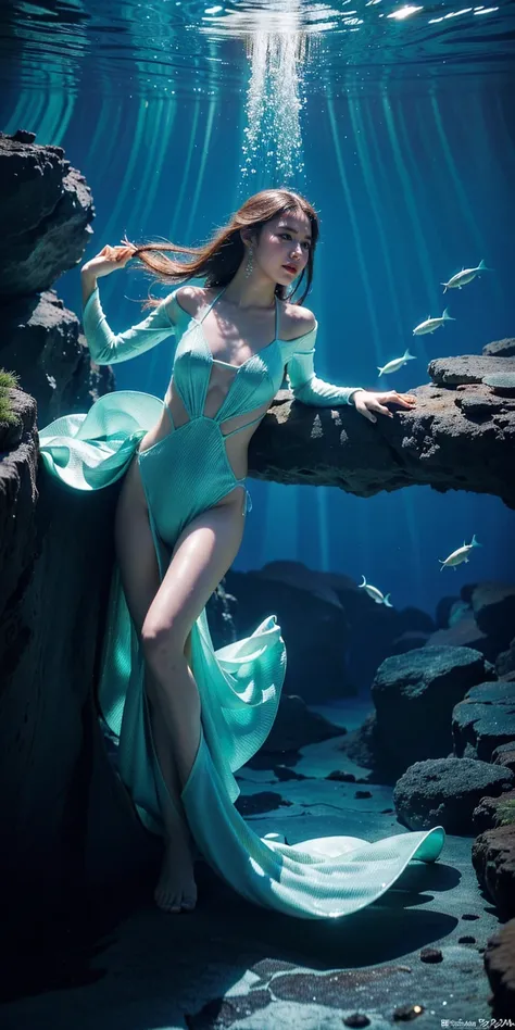 (Swimwear,4K,8k,high resolution,great work:1.2), Ultra Fine ,, seductive mermaids,(( Elegant Feminine + Fishtail )),, shimmering scales,Ethereal Beauty,, mysterious underwater world,Ocean, glittering, moonlit ,abundant underwater plant species,Rainbow pale...