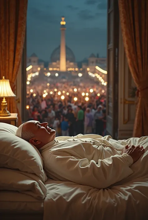 "A highly realistic scene and Detailed 8K depicts Pope Francis lying on his bed in the Vatican, wearing simple white sleepwear. Her serene face reflects tiredness and contemplation, illuminated softly by the depth of night light that enters through the pal...