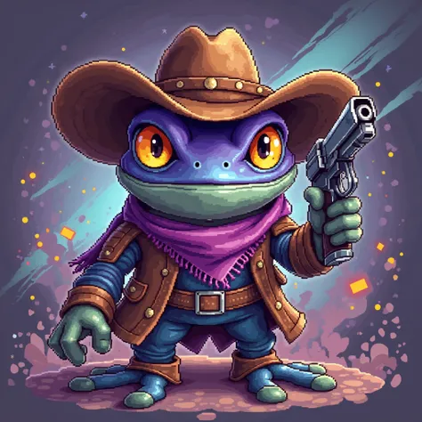 A high-quality pixel art PFP NFT featuring an exclusive limited edition character designed for collectors and gaming enthusiasts. The character is a bold and charismatic frog-like figure with a striking purple head, large expressive eyes, and a confident g...