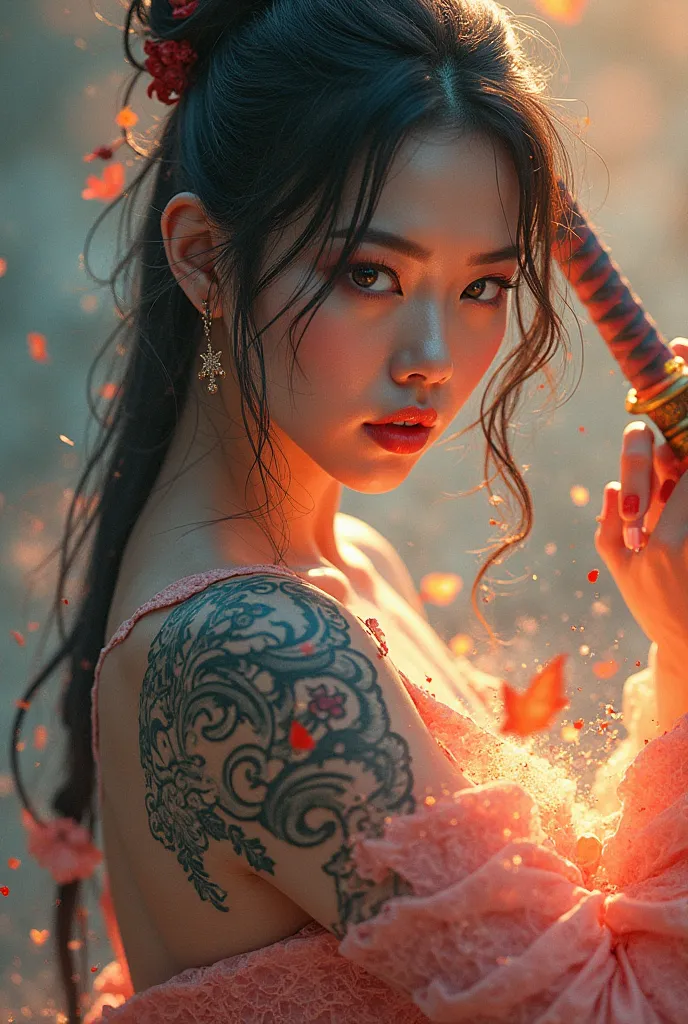    Surreal image of beautiful Chinese woman with
 sword, with texture and
 Stunning and colorful lighting,3d Tattoo ,CGI Society,Thai line art ,Thai fine art
 be amazed by its light and color.