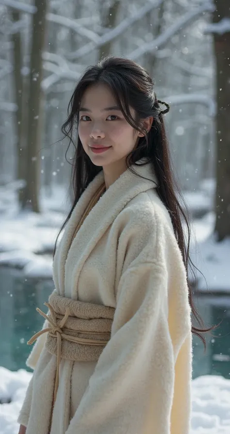 High quality. A real Oriental Japanese girl with 18 years old with beyond floor length black hair and see her "whole" body wearing thick lambswool traditional Wafuku standing nearby hot springs inside the forest, must see her whole body. The scenario of fo...