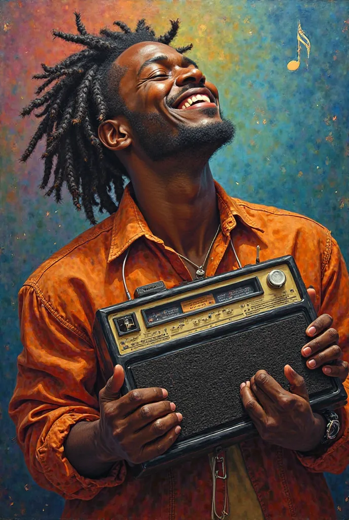 Painting of young black man with green shirt braids holding a large radio smiling with his eyes closed 