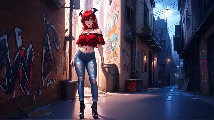   Sexy rias gremory, UHD, wearing a red blouse with bare shoulders,  piercing in the navel , bracelets, short one leg jeans,  high heel boots, At night in an alley with graffiti,