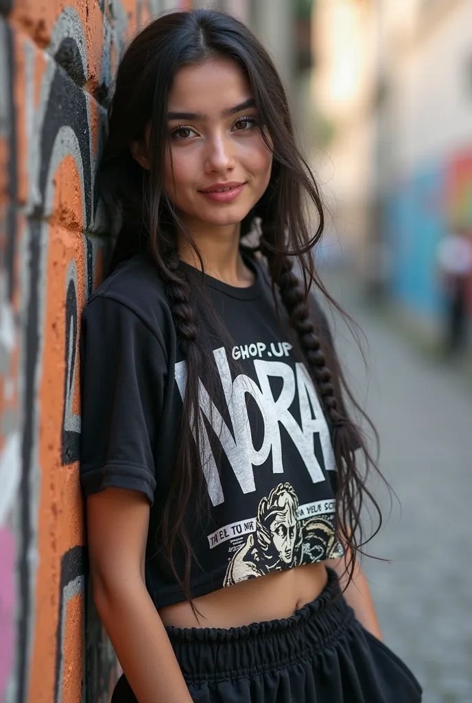 27 years old, cute beautiful Arabian mix rusia girl, oval face, sexy body plump medium breast, (crop top), Steel black hair, hair in loose braids, comic patterned shirt, written with the letters " Nora", oversized jogger pants, leaning against the wall, ba...