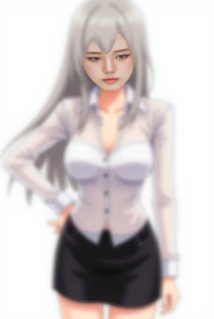 (( masterpiece,  top quality)), (1 sexy girl ), (Alone), ( focused on women), (stupid hair, Gray Hair,  very long hair),  blond eyes ,   light smile,  Open Your Mouth, (( transparent white shirt, transparent nipples), (transparent buttoned shirt), ( button...