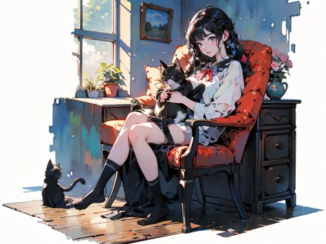 ((masterpiece:1.2)), ((Highest quality:1.2)),  1girl , ((1black kitten, sleeping on her lap:1.2), cute, peaceful, domestic, smile, friendly, warm atmosphere:1.2, Glaring eyes, braid hair, thigh-high socks)), (full body, Two Legs), (side shot), cat behavior...