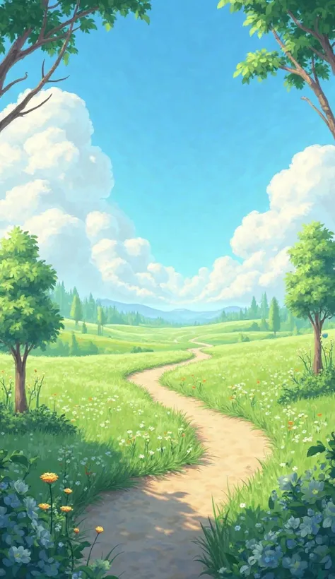 3D illustration ，A path in the meadows is far to near， has some trees， The background is a blue sky，Lots of white clouds，