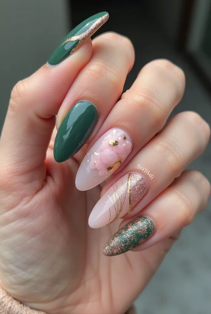 A luxurious and elegant nail set combining soft pink and forest green tones. The thumb is painted in matte deep green with gold foil accents. The index finger features a pale pink ombre blending seamlessly into a clear tip. The middle finger has delicate g...