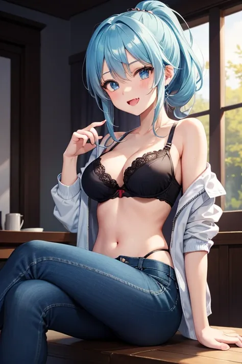 Sexy anime girl sky blue hair and eyes, He has a light blue jacket and navy blue pants, brazos behind her,  crossed legs with a cheerful expression ,  cheerful open-mouthed with a small fang peeking out, big breasts and beautiful and sexy legs , Clear and ...