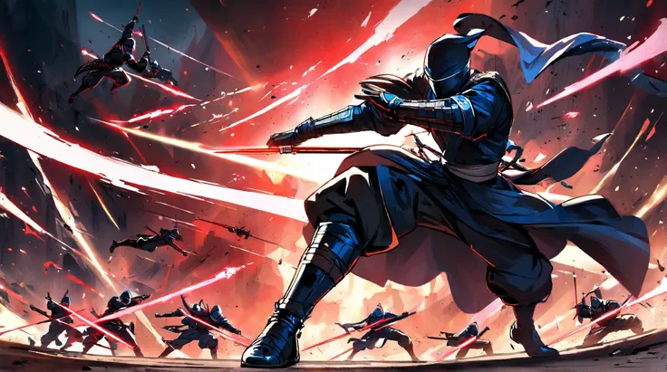 a stylistic male character in black and blue ninja robes with red laser lines flowing around him with his swords in the middle of an attack with a dark background