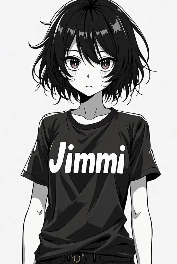 Black and white anime character with a t shirt written Jimmi on it