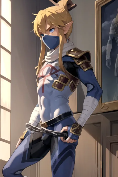 ( masterpiece), (Highest quality),
detailed faces,  1 man, Alone,
 stealth link ,  pointed ears , blond hair, mask, armor,  blue eyes, bodysuit,  single hair bun that shines light into the hair,  is putting effort into his crotch　 arm raised 　I'm putting e...