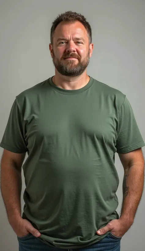 realistic photo full body portrait of a 30-year-old man, short curly hair, fattie, with a short beard, wearing a green t-shirt