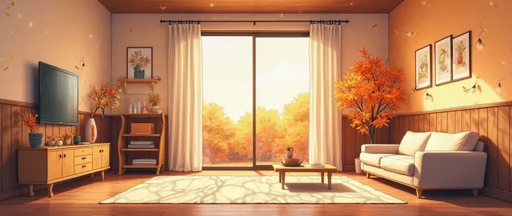 A cozy anime-style interior with bold, clean outlines and a slightly hand-drawn aesthetic. The color palette consists of warm shades of orange and brown, creating a comforting autumnal feel. The lower part of the wall is adorned with modern brown wood pane...