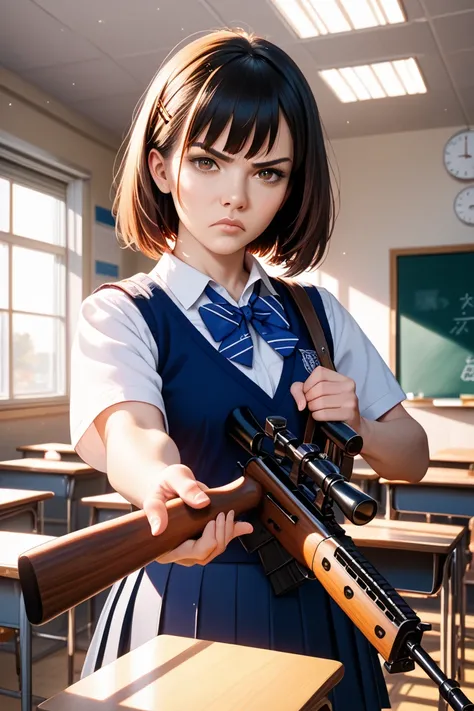 Japanese school uniform JK pointing a rifle