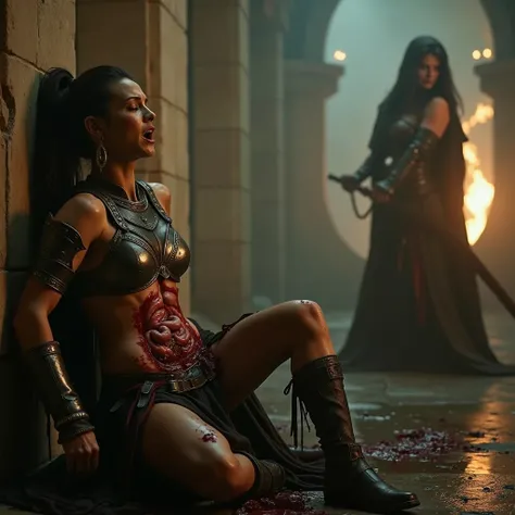 A cinematic artstyle image movie shot of a attractive gladiator woman in gladiator armour is disemboweled she is in pain, her intestines are hanging out of her belly,painful expression, in background a witch can be seen