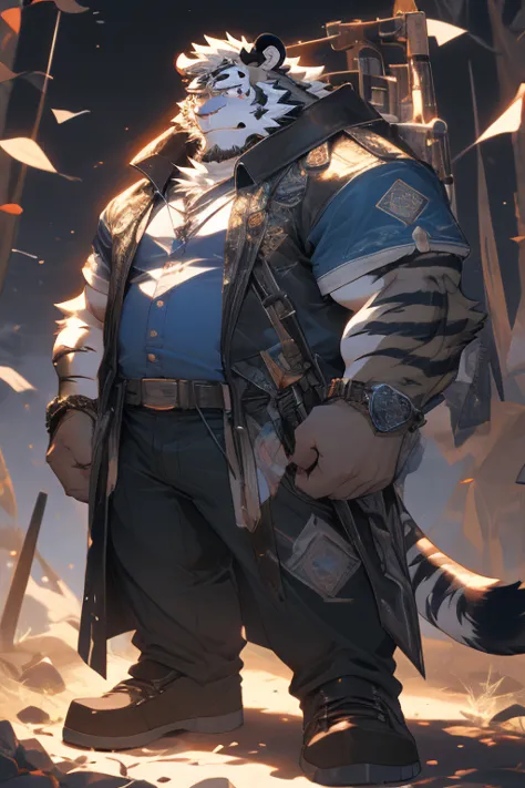 Anthropomorphic gray tiger (solo,male,gray and white fur,white hair,gray pupil eyes,scar accross the eye,middle-aged,herotic clothes,astral sci-fi style,tall (10'2 tall)) chubby,muscular arms, muscular legs,cool,handsome,huge,massive,big,burly,towering,str...