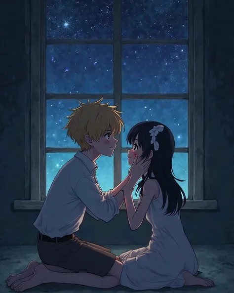  an angel boy that is kneeling down looking up at the girl that is smiling while crying holding his cheek in a nighttime with the windows are open anime pls make the girl crying while smiling make them look like a couple the boy should be blond and the gir...