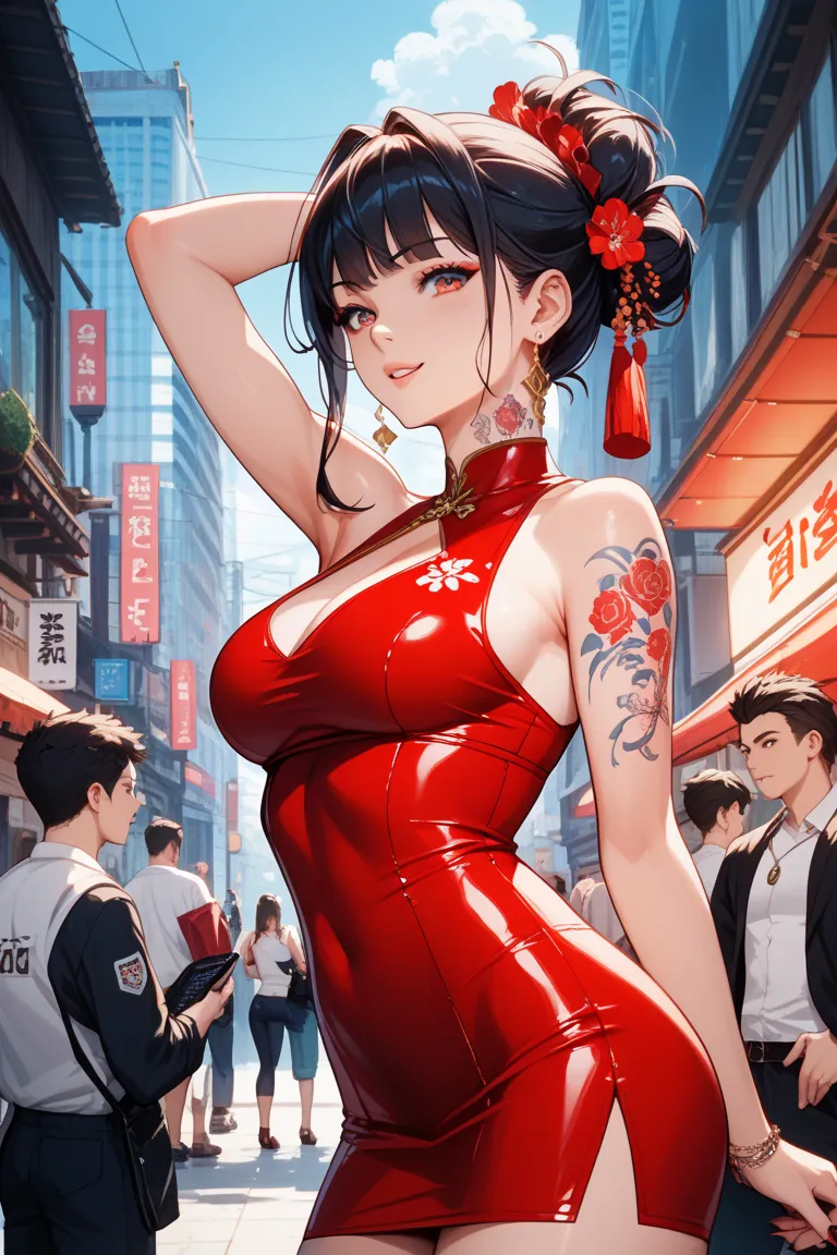  girls on the left、Japanese tattoo、 red tight dress、 sexy、cool、gang