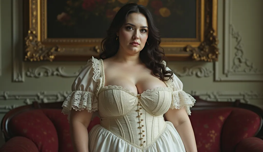 A botero like fat fat fat woman. Realistic. Ultra white make up on face and body. Victorian era corset and dress. She stands but slouches. She looks like Mona Lisa. She has double chins. She is looking sideways. Scene in soft focus is the interior of a Vic...