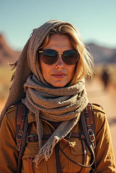 crée moi une photo d'un caravane haut en couleurs conduis par une femme, parcourant les vallées lointaines, cette femme avec des lunettes de soleil pour dissimuler son regard trés parlant, et un foulard autour de la tête, elle ne sourit pas, mais on devine...