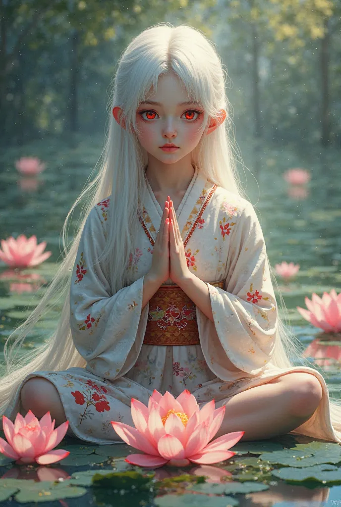 Red eyes praying surrounded by lotus flowers、A girl with long white hair in kimono