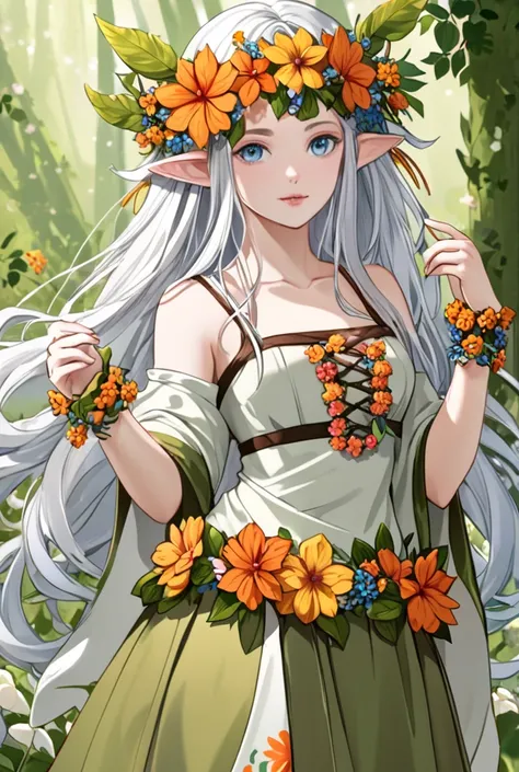 A humanoid Druid,She has very large and wavy white hair.She has gray-blue eyes. she has pointed ears. she has white skin, almost pale . She wears accessories with an aesthetic of nature. She wears a small wreath of branches and flowers with flower chains t...