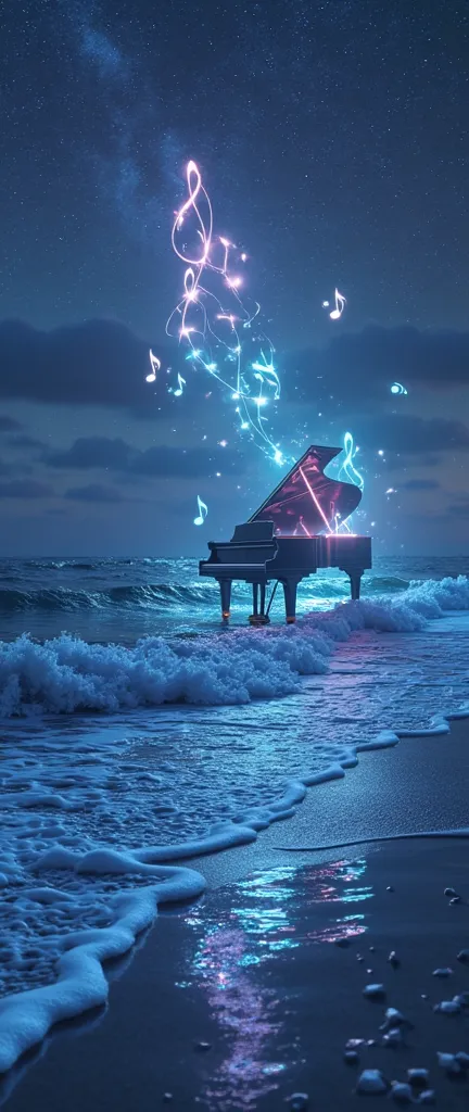 Create a wallpaper featuring a mesmerizing ocean scene blended with a musical theme. Imagine a serene seascape under a starry night sky, where glowing musical notes and sound waves rise from the water like bioluminescent energy. A grand piano or a violin, ...