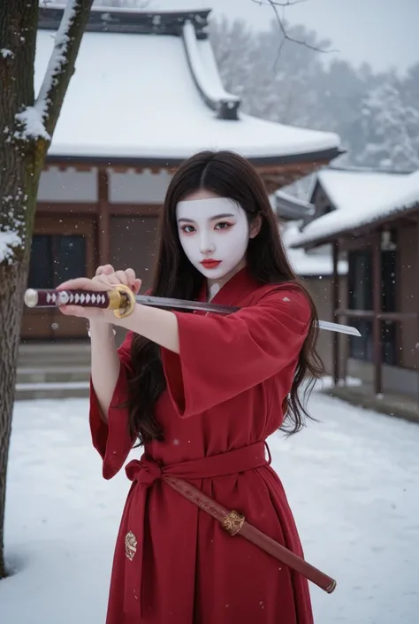 A woman with long, dark hair, wearing a white Kabuki mask, dressed in a red samurai outfit, wielding a long katana sword in action pose, standing in a snow-covered traditional Japanese village,soft lighting, realistic snow effect.