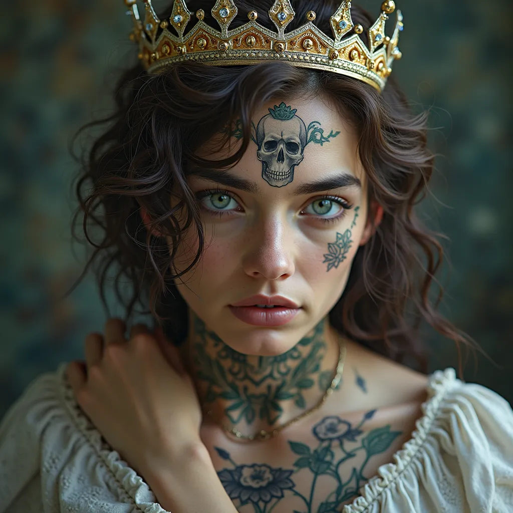 Create an image of a man with brown hair and green eyes: he has a skull tattoo and wears a crown; behind him is a woman with black hair and blue eyes; she has a skull tattoo and is wearing a sunken crown; behind him is a diamond shower