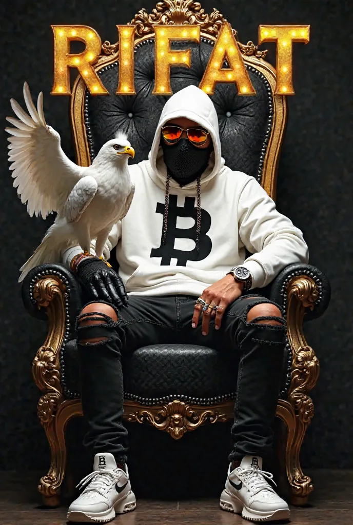 Here's a detailed image prompt based on the given image:

"A mysterious, modern digital king sitting on an ornate, gold and black throne. He wears a white hoodie with a large black 'B' on the chest, a face-covering mesh mask, and gold-framed sunglasses. Hi...