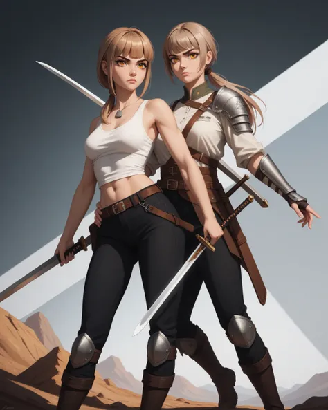 Light brown hair, white tank top, orange eye, serious face, slightly thick bangs, medium breast size, black pants, low ponytail, adult female, use sword