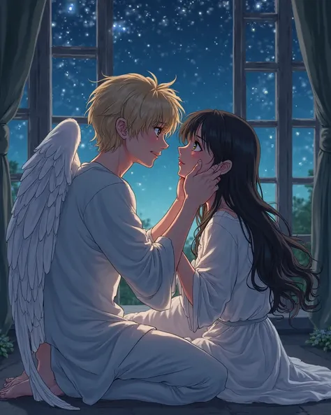  an angel boy that is kneeling down looking up at the girl that is smiling while crying holding his cheek in a nighttime with the windows are open anime pls make the girl crying while smiling make them look like a couple the boy should be blond and the gir...