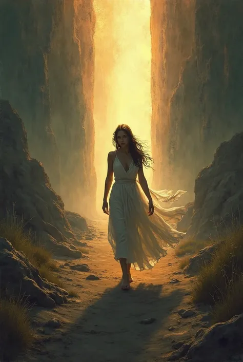 Woman leaving the devil behind and stepping into the light