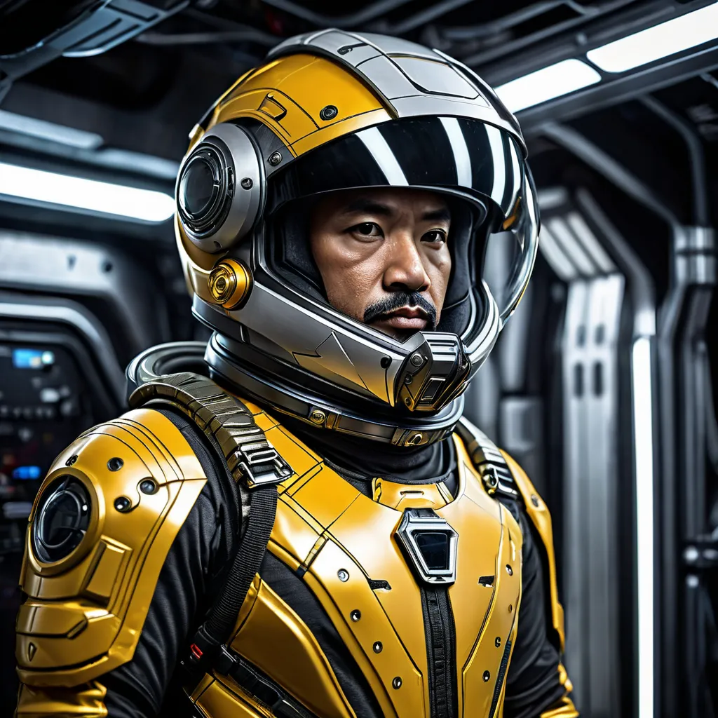 Close-up portrait of a man (ethnicity:1.2), (age:35), wearing a futuristic, detailed spacesuit (detailed clothing:1.2), (accessories:1.2), (detailed helmet:1.3) in a serious pose (expression:1.2), (body type:1.1), (pose:1.2), centered in frame, facing dire...