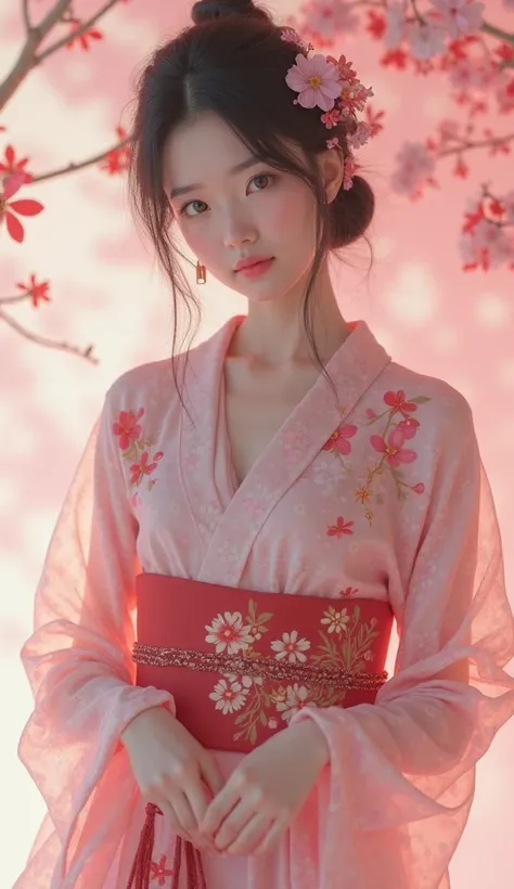 masterpiece, best quality,  kinematic, photorealistic,  ultra-detailed), (1 ,  Japanese woman), (open plan,  from the front:1.4), (wearing a fluffy sheer floral kimono or a modern cherry blossom print dress:1.5), (Straight black hair with a hair clip or a ...