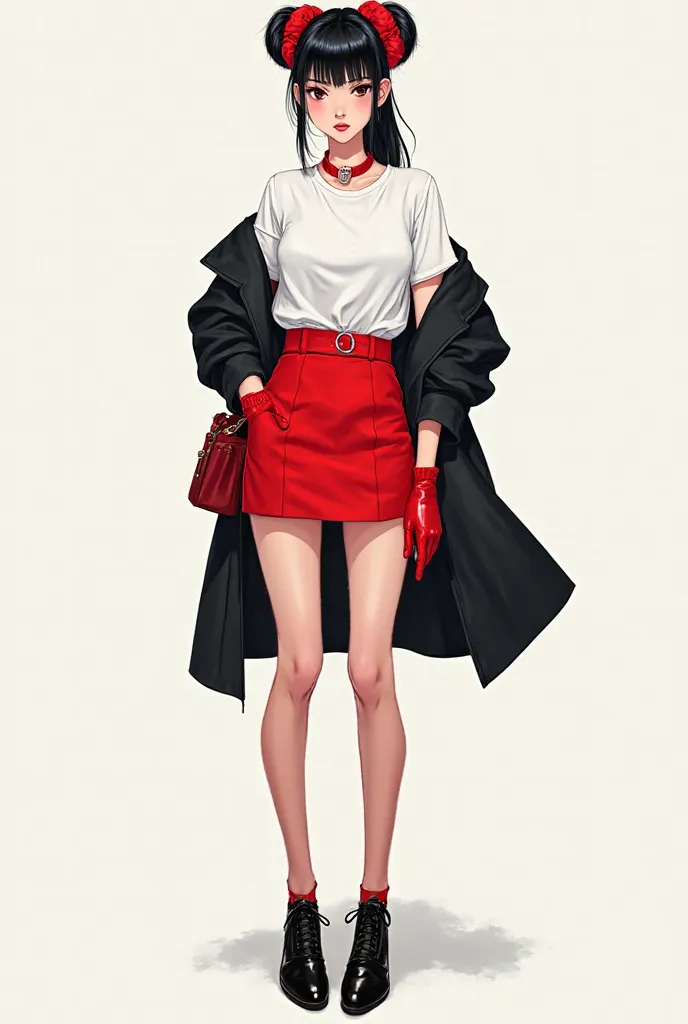 A red short skirt, white t shirts and skin colour pantyhose and same colours gloves as skirt, black coat shoes and hair poney tail with two scruchies