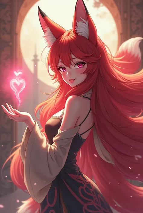 Charming red haired fox women with nine tails, act playfuly pink heart smoke on her hand , high quality anime design, fantasy illustration of high quality, very high quality full body size character design, 8k very high quality wallpaper, highquality nine ...