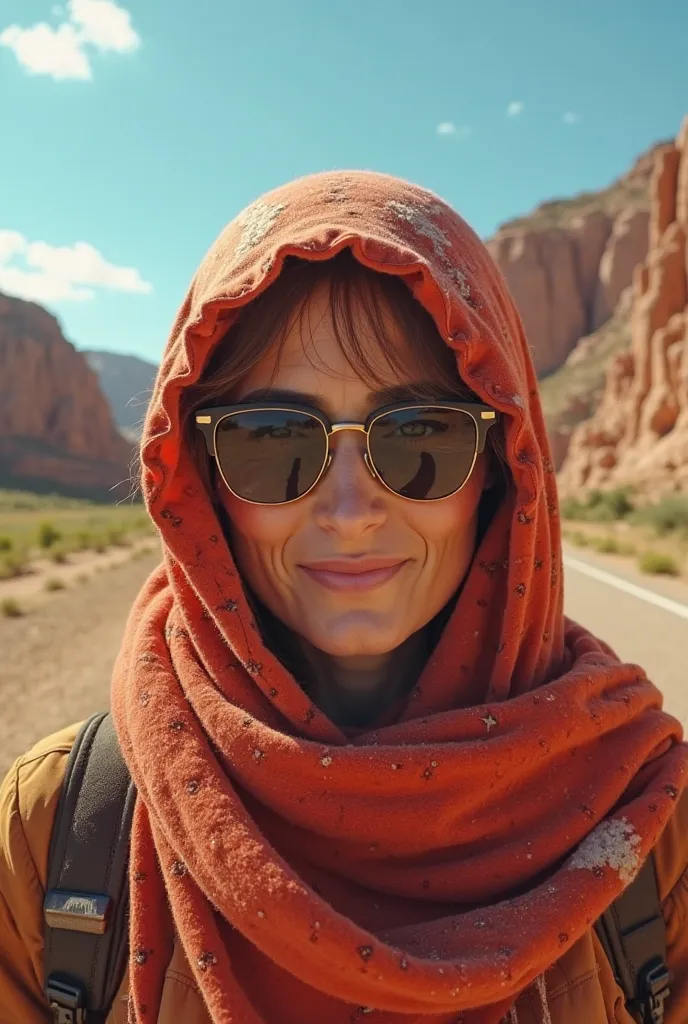 crée moi une photo d'un caravane haut en couleurs conduis par une femme, parcourant les vallées lointaines, cette femme avec des lunettes de soleil pour dissimuler son regard trés parlant, et un foulard autour de la tête, elle ne sourit pas, mais on devine...