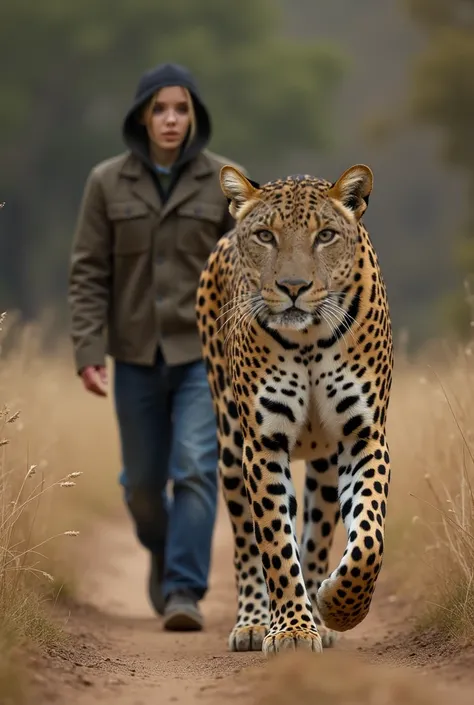 Create an image with the uploaded photo remaining unchanged. Behind the subject, place a large, powerful leopard walking gracefully. The leopard should be captured in mid-stride, its muscles and spots vividly detailed. The background should reflect its mov...