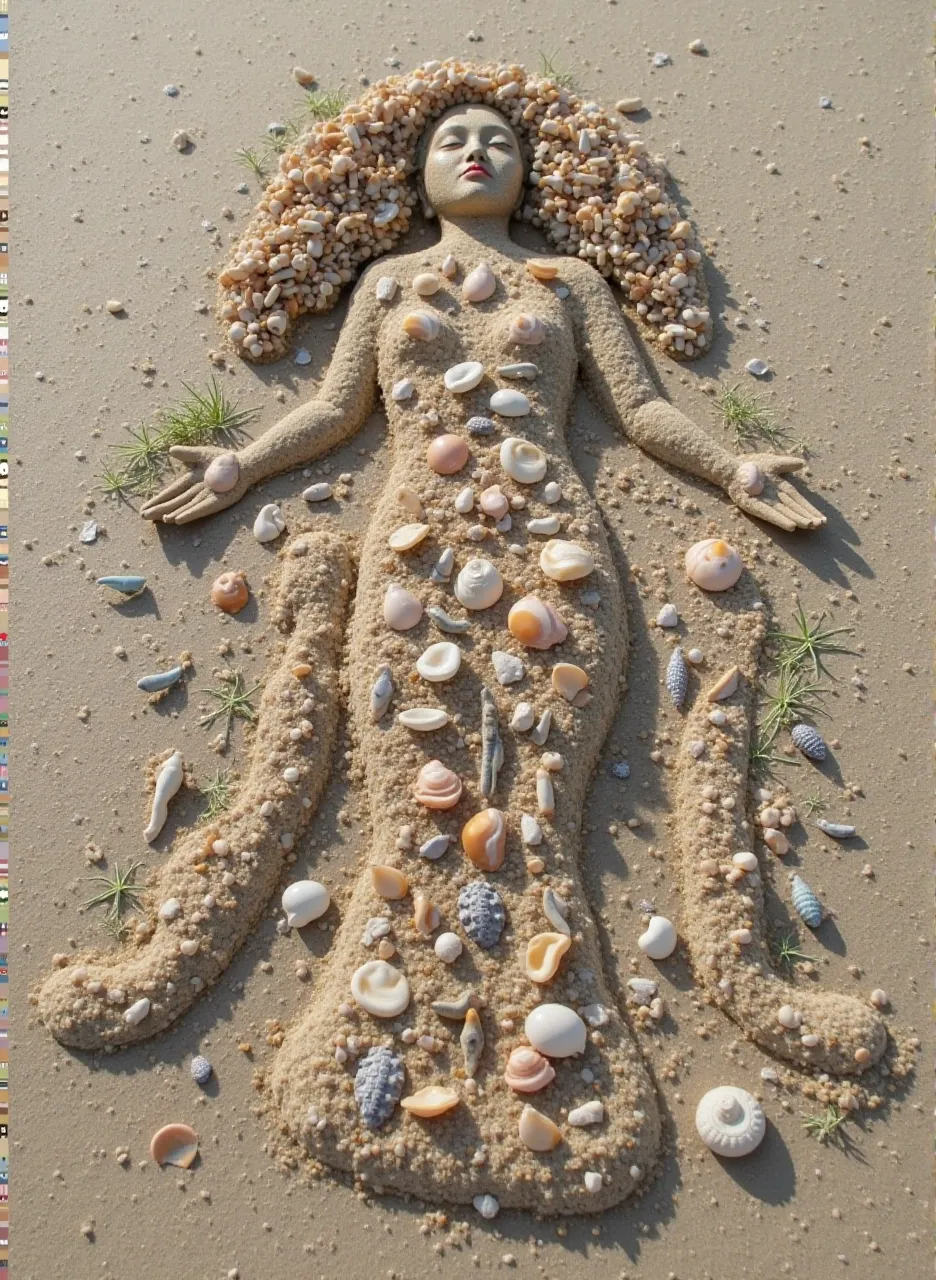  Sand in the shape of a woman, on her body are placed some shells and some seahorses. This woman's shape should be covered with shiny glass 