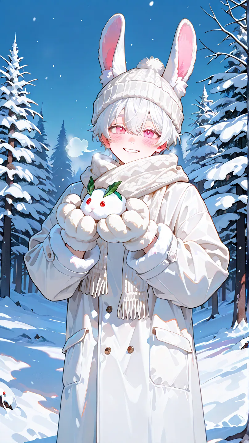 young boy,white hair,pink eye,boy with rabbit ears,well-fleshed,warm clothing,breathe white,snowy landscape,snow forest,smile prettily,blush,snow rabbit in hand,knitted hat,woolen scarf,fluffy gloves,dynamic depiction,oblique look,white coat