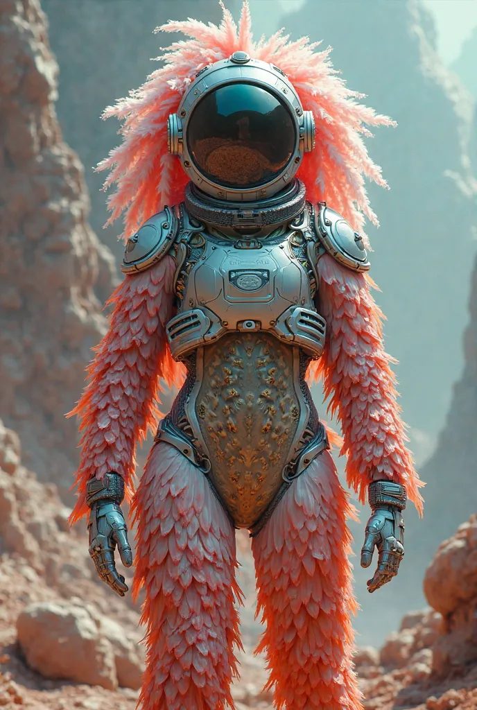 Spacesuit with chicken feathers