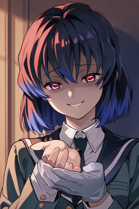 Uniform 1 Big Breasted Girl, blue hair, multicolored hair, detailed eyes, Yandere expression , Yandere,  evil smile, Uniforme Kimetsu no Yaiba, blue glove, red eyes,  short hair