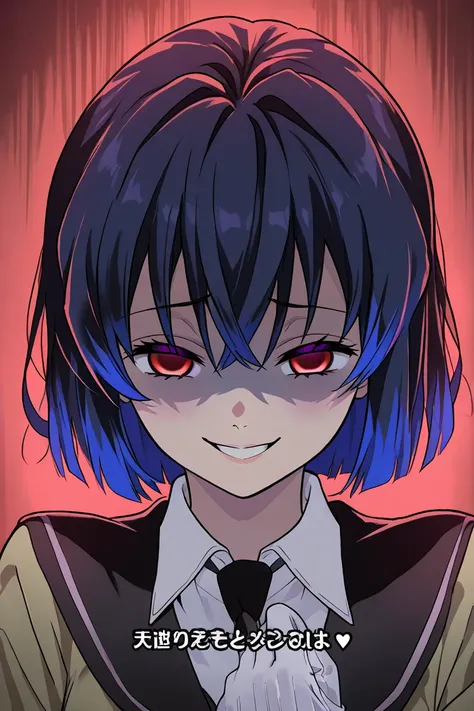 Uniform 1 Big Breasted Girl, blue hair, multicolored hair, detailed eyes, Yandere expression , Yandere,  evil smile, Uniforme Kimetsu no Yaiba, blue glove, red eyes,  short hair