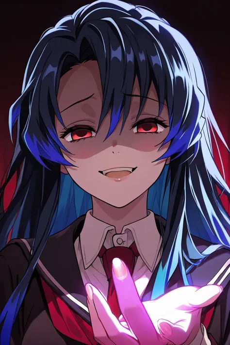 Uniform 1 Big Breasted Girl, blue hair, multicolored hair, detailed eyes, Yandere expression , Yandere,  evil smile, Uniforme Kimetsu no Yaiba, blue glove, red eyes,  short hair