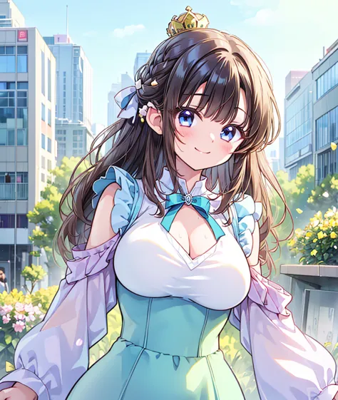 young girl、smile、brown hair,Cool hairstyle、Blushing、masterpiece、High resolution、16k、Spring clothes in fresh colors、(Very close:1.5)、Explore the city、(Depicting the upper body:1.5) cleavage in years,Big Breasts,curvy body,braided crown