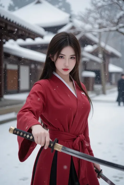 A stunning young woman with long, dark hair, wearing  dressed in a red samurai outfit, wielding a long katana sword in action pose, standing in a snow-covered traditional Japanese village,soft lighting, realistic snow effect.