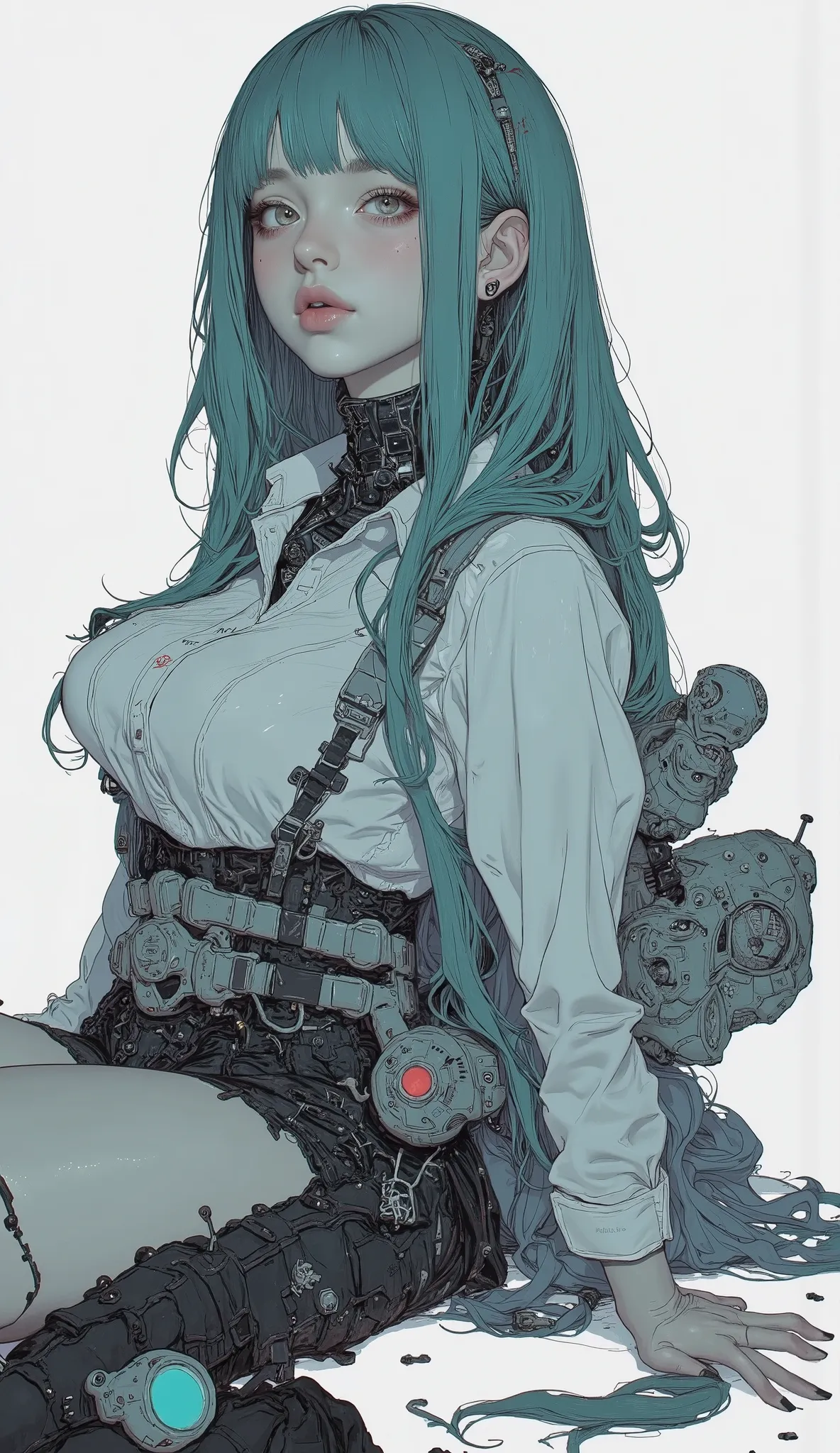  taken from below、Picture of a woman in a white shirt and green hair, Full body concept,  thick smooth warframe thighs  , Female Mecha, full body action concept art,  Hyper Concept Art , conceptual art style, Futa Women's Blue Skin Rest  ,  anime robot is ...