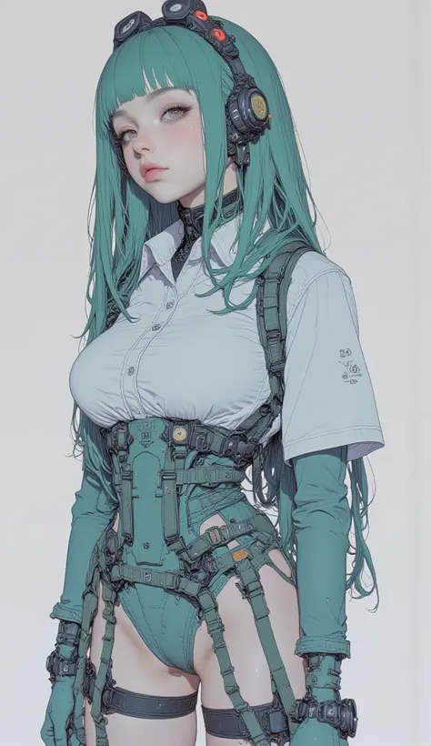 shot from above、Picture of a woman in a white shirt and green hair, Full body concept,  thick smooth warframe thighs  , Female Mecha, full body action concept art,  Hyper Concept Art , conceptual art style, Futa Women's Blue Skin Rest  ,  anime robot is an...